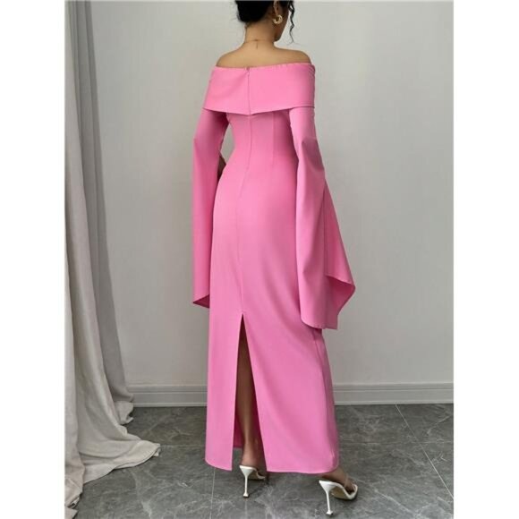 Asymmetric Sleeve Ruffle Detail Off-Shoulder Elegant Dress Maxi Women Outfit - Picture 2 of 6